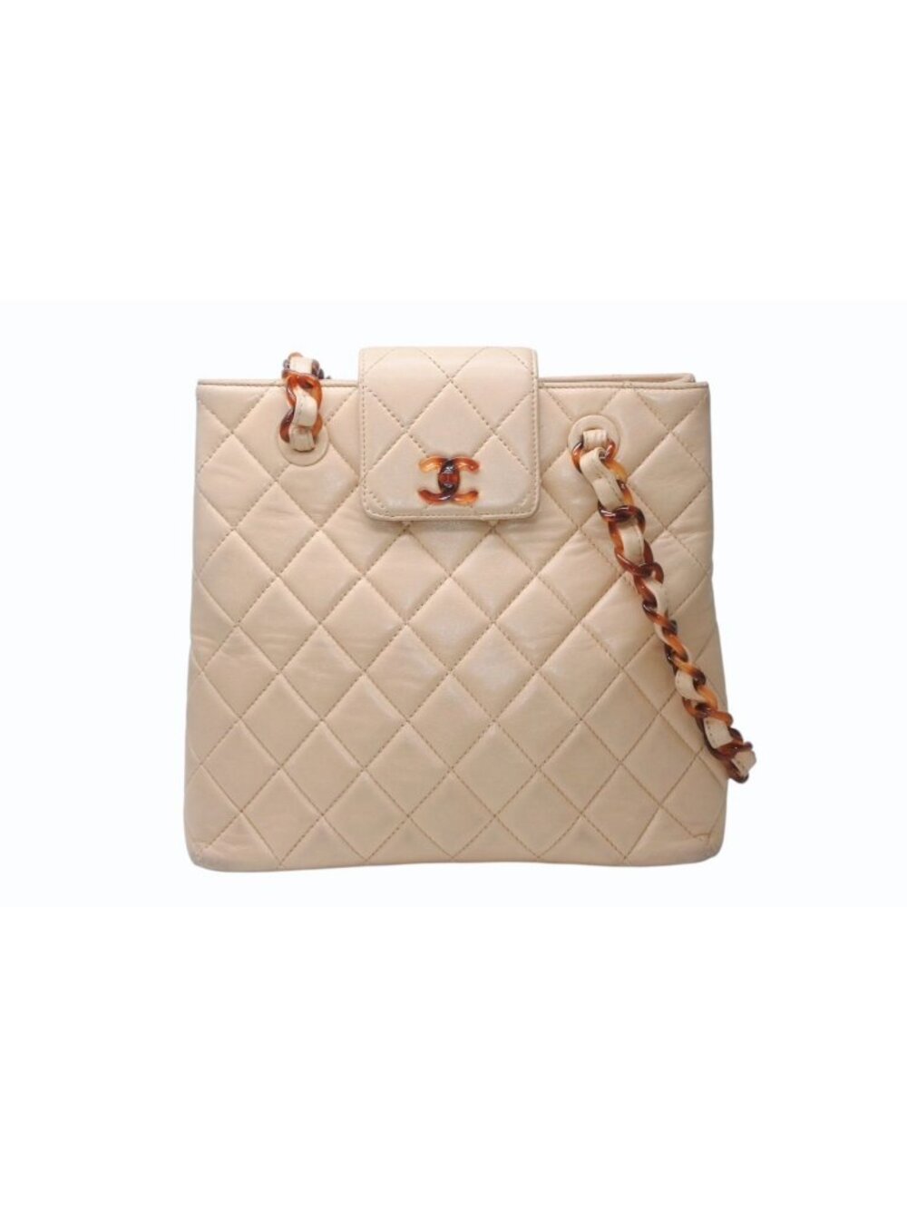 Chanel Chain Bag CC Logo Lambskin Beige Brown Tortoiseshell Pattern